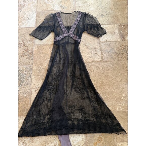 Vintage Y2K Black Chiffon Lingerie Slip Gown With Pink Floral Embroidery & Sheer - Picture 3 of 8
